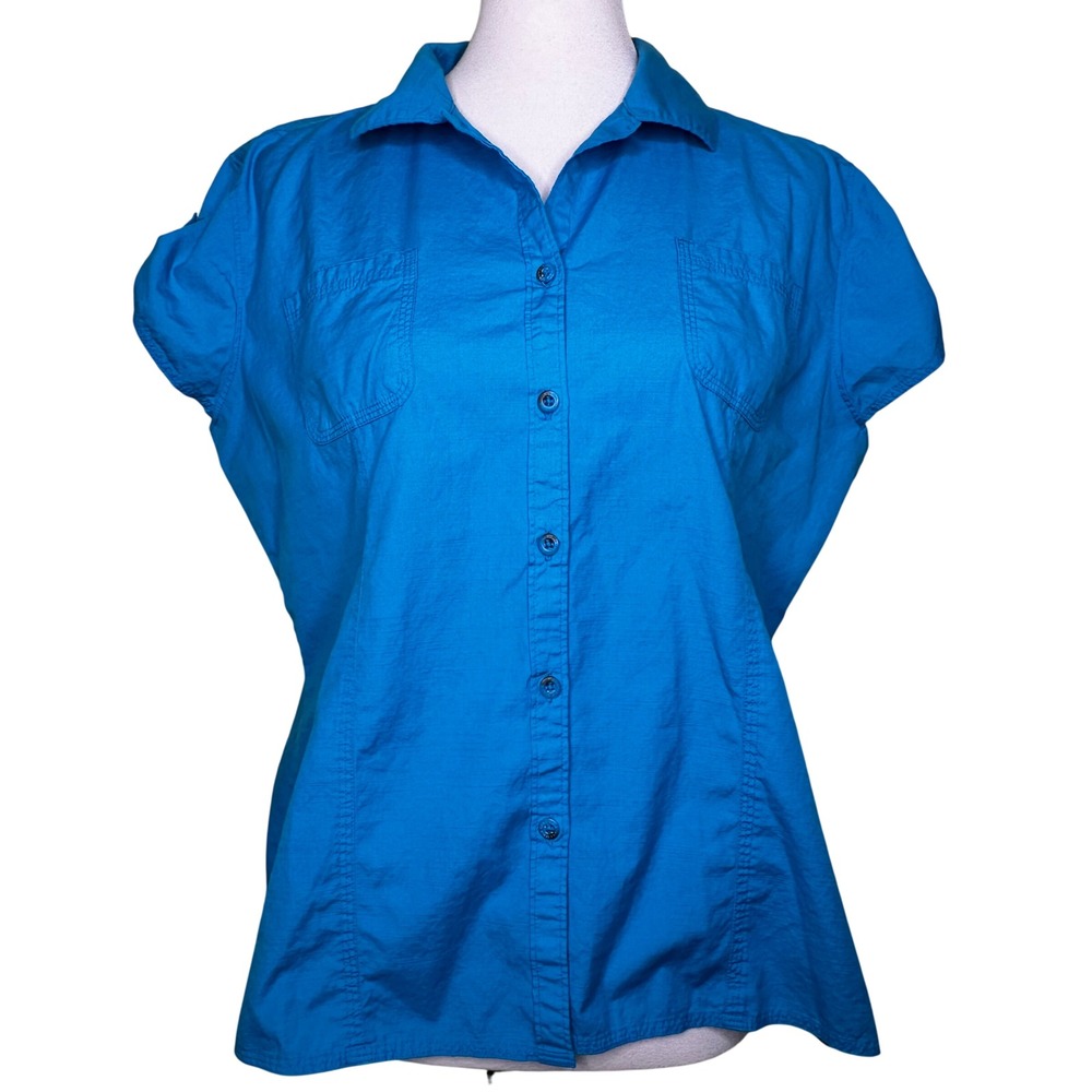 Columbia Womens XL Blue Ripstop Short Sleeve Button Up Hiking Shirt Top